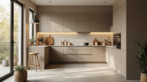 Taupe Keuken Moderne Stijl: Jouw Complete Gids voor een Tijdloze Designkeuken Fotorealistische moderne keuken met matte taupe greeploze kastjes, zwarte accenten en lichte duif-taupe bovenkasten, gefotografeerd tijdens gouden uur met warme schaduwen en subtiele glans van RVS inbouwapparaten.