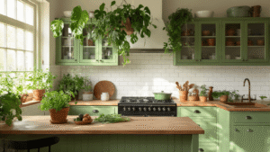 Groene Keuken Styling: Van Saai naar Sensationeel in 3 Uur Ruime Nederlandse boerenkeuken met saliegroene bovenkasten en eiken onderkasten, verlichte met natuurlijk ochtendlicht. Grote monstera plant en terracotta potten met kruiden op het werkblad, vintage glazen voorraadpotten en mintgroene theedoeken. Warme, uitnodigende sfeer met natuurlijke texturen en gelaagde materialen.