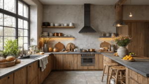 Houten Keuken met Betonlook: De Perfecte Combinatie van Warmte en Stoerheid Fotorealistische Dutch kitchen with warm oak cabinets, dark gray concrete countertops, soft golden hour lighting, fresh herbs, artisanal bread, industrial bar stools, copper pots, linen towels, seasonal fruit, fresh flowers in concrete vases, warm pendant lights, bleached pine cabinets, light concrete floor tiles, dramatic evening atmosphere, close-up textures of wood and concrete, minimalist Scandinavian design, inviting homey atmosphere, warm 2700K LED lighting, natural placemats, and green accents.