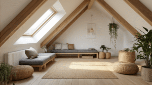 Kleine zolderruimte inrichten: Van vergeten hoekje naar droomkamer Fotorealistische zolderkamer met Scandinavisch interieur, schuine plafonds, warme verlichting, antracietgrijze bank, jute vloerkleed en groene kussens.