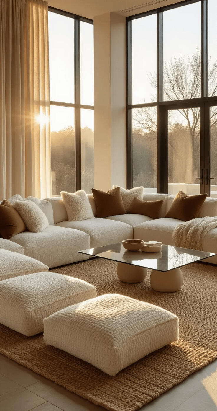 Interieurtrends voor 2025: Van Zachte Minimalisme tot Levendig Maximalisme Ruime, moderne woonkamer in het gouden uurtje met zonnig licht dat door vloergrote ramen stroomt, een oversized bouclé hoekbank in crèmekleuren, mokka mousse bruine kussens, een grote jute vloerkleed, sculpturaal glazen salontafel en natuurlijke linnen vloerkussens, alles benadrukt luxe en comfort tegen een neutrale greige muur.