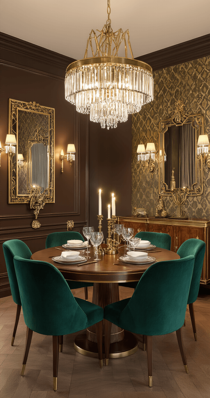 Interieurtrends voor 2025: Van Zachte Minimalisme tot Levendig Maximalisme Een elegante eetkamer in moderne Art Deco-stijl met een vintage messing kroonluchter, een ovale walnoten eettafel omringd door juweeltonen fluwelen stoelen, en rijke kleuren, sfeervolle verlichting en luxe accessoires.