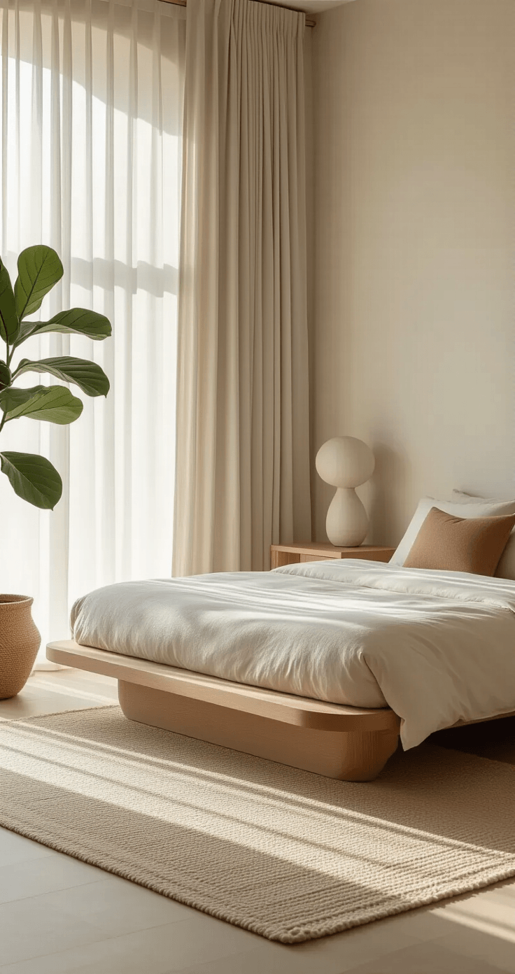Interieurtrends voor 2025: Van Zachte Minimalisme tot Levendig Maximalisme Een serene slaapkamer in zachte minimalistische stijl, bébay onder ochtendlicht, met een platformbed, natuurlijke materialen, een nierenvormige eiken nachtkastje, een blobvormige keramische tafellamp en een grote wortelfiguurplant in de hoek.