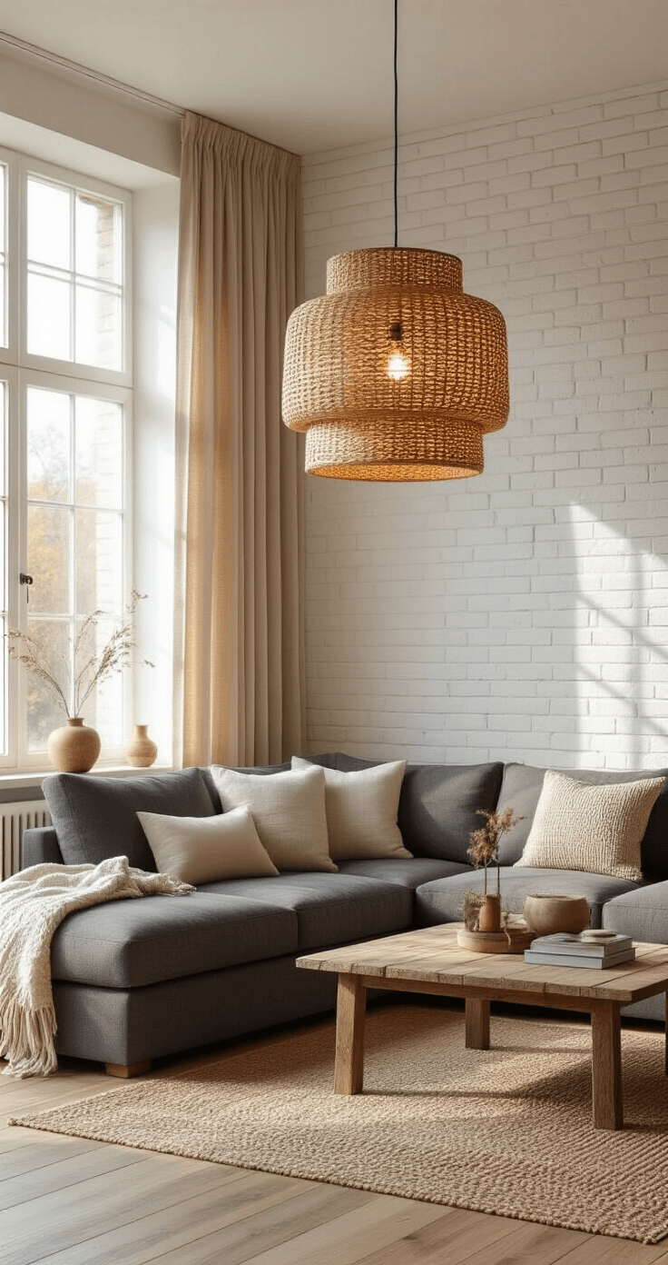 DIY Lampen Maken: Van Saai naar Spectaculair in Een Weekend Photorealistic interior of a cozy Dutch living room at golden hour, showcasing a DIY woven basket pendant lamp, white brick walls, natural oak flooring, and a charcoal gray sectional sofa adorned with chunky knit throws, alongside a reclaimed wood coffee table. Warm amber light creates geometric shadows on cream walls, complemented by layered textures including a jute rug, linen curtains, and copper accents.