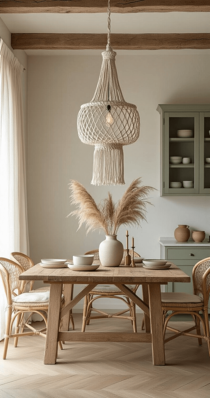 DIY Lampen Maken: Van Saai naar Spectaculair in Een Weekend Een fotorealistisch eetkamer met een elegant macramé hanglamp boven een rustiek houten tafel. De ruimte van 3x4 meter heeft zichtbare plafonddragen en witgewitte muren. Zacht namiddaglicht valt door sheer linnen gordijnen, verlichtend het crèmekleurige macramé koord dat een heldere glazen bol ophangt. De lamp hangt 70 cm boven een live-edge eiken eettafel omringd door geweven rieten stoelen met natuurlijke linnen kussens. Styling omvat een keramieken vaas met gedroogde pampasgras, handgemaakte steengoed borden en koperen kandelaars. Warme honing-eiken vloeren complementeren saliegroene kasten. Camerahoek: lichte bovenhoek die de ingewikkelde macramé knopen en het spel van natuurlijke materialen vastlegt. Zachte, diffuus licht creëert een serene, Instagram-waardige sfeer van bohemien verfijning.