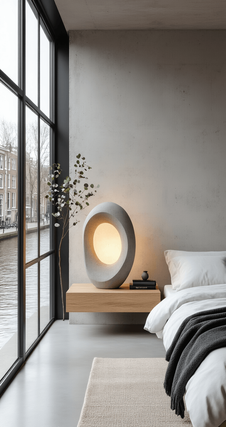 DIY Lampen Maken: Van Saai naar Spectaculair in Een Weekend Photorealistic modern Dutch bedroom with concrete lamp, minimalist nightstand, and floor-to-ceiling canal views, featuring polished concrete floors and warm morning light.
