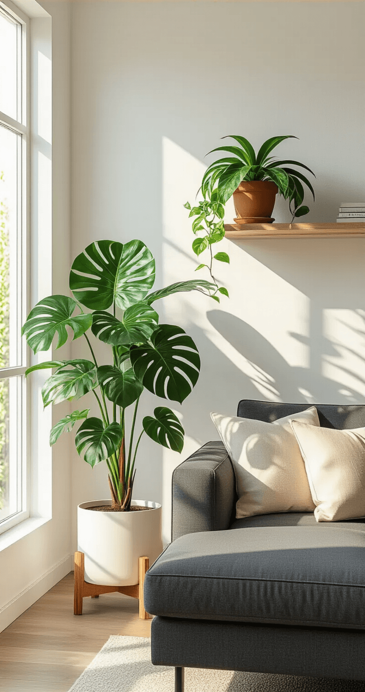 Woonkamerstyling met planten Moderne woonkamer met perfect plantcluster; hoge Monstera Deliciosa in witte pot, middelgrote Calathea op houten standaard en kleine Epipremnum op zwevend plankje, verlicht door gouden uurlicht.