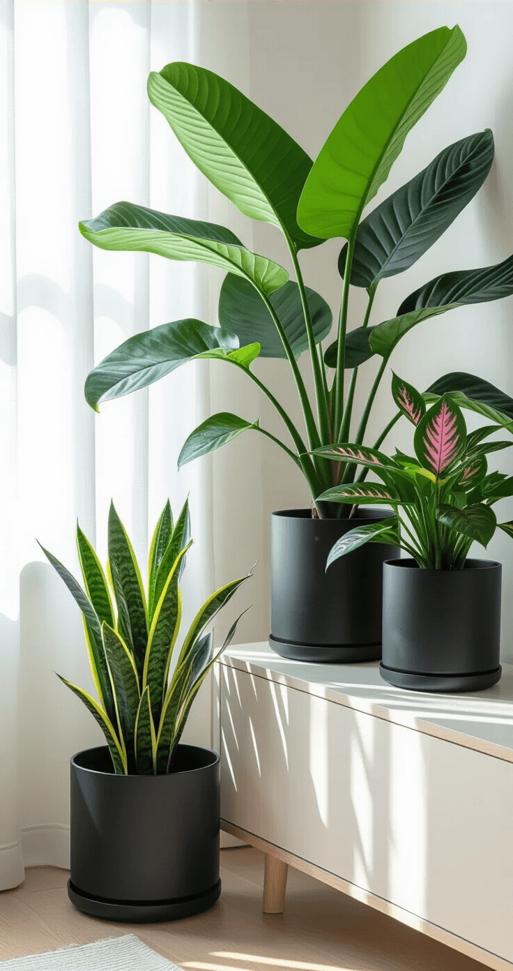 Woonkamerstyling met planten Close-up shot van een zorgvuldig samengestelde plantarrangement met brede olifantsoor Alocasia bladeren, elegante smalle Sansevieria met zwaardachtige bladeren en delicate kleine Fittonia met roze nerven, allemaal in matte zwarte cilindrische potten. Zachte ochtendlicht valt door sheer gordijnen en belicht het witte eikenhouten sideboard in een Scandinavische ruimte met lichte houten vloeren en minimalistische witte muren.