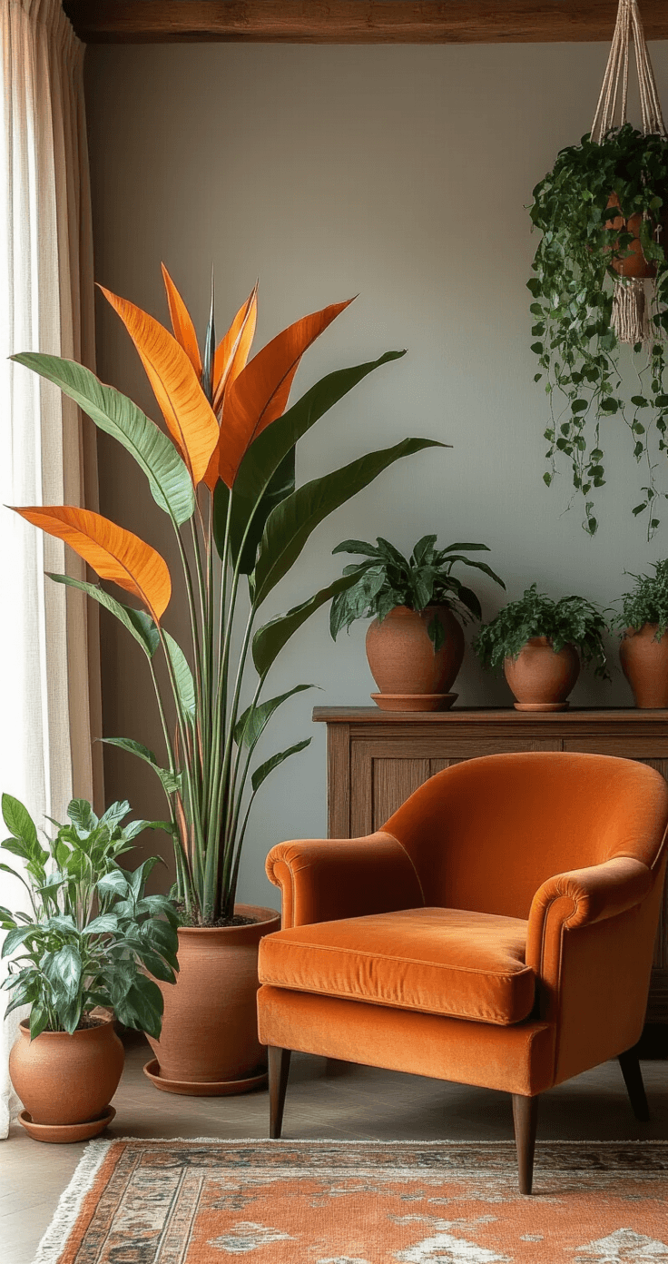 Woonkamerstyling met planten Een sfeervolle woonkamer in herfststijl met een grote Strelitzia naast een rustkleurige velourstoel. Handgemaakte terracottapotten met middelgrote planten staan op een houten console, terwijl hangende klimop in macraméhangers als natuurlijke gordijnen valt. De ruimte wordt verlicht door het late namiddaglicht dat door de gaze gordijnen schijnt, met een achtergrond van zichtbare houten balken en warme grijze muren.