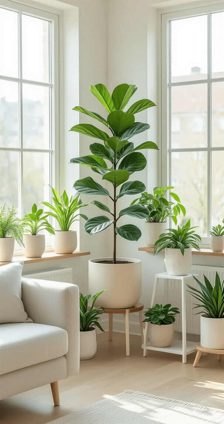Woonkamerstyling met planten Een heldere Scandinavische woonkamer met een drie-laags plantenstyling systeem in frisse lentekleuren. Een 100 cm hoge Ficus Lyrata in een crèmekleurige plantenpot op de vloer, verschillende Peperomia en Pilea planten op witte geometrische plantstands op middelhoogte, en kleine vetplanten en luchtplanten op zwevende planken. Zacht ochtendlicht stroomt door grote witte ramen. Kleurenpalet van lichtgroen, wit en natuurlijke houttinten, met een breedbeeldperspectief vanaf het zithoek. Schone lijnen, witte muren en licht houten vloeren benadrukken de plantarrangementen als het centrale punt van de kamer.