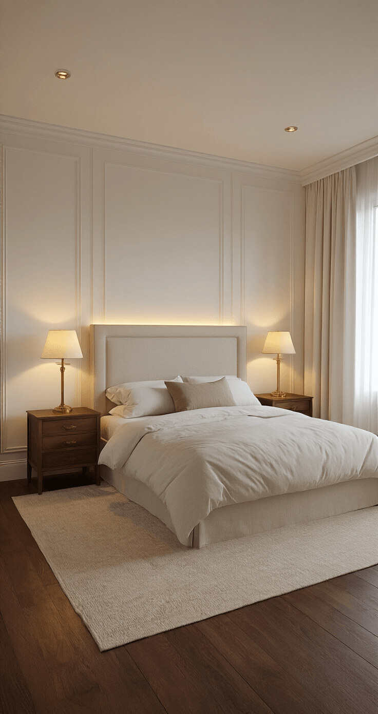 Sfeervolle slaapkamerverlichting: Zo transformeer ik elke slaapkamer in een hotelkamer Photorealistic interior of a Dutch master bedroom during golden hour, featuring a king-size bed with a linen headboard, walnut nightstands, and layered lighting from brass lamps, recessed lights, and LED strips, all set against white walls and dark oak floors.