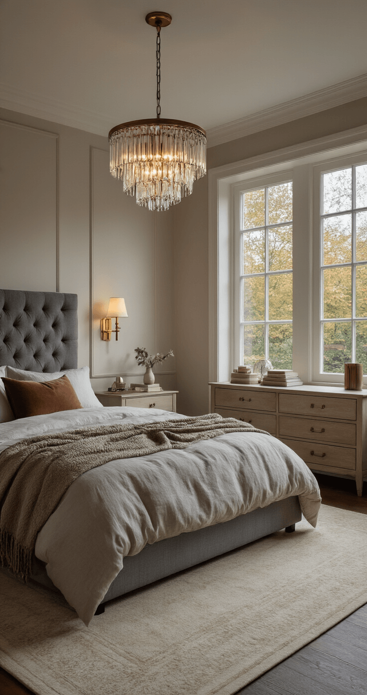 Sfeervolle slaapkamerverlichting: Zo transformeer ik elke slaapkamer in een hotelkamer Photorealistisch beeld van een elegante slaapkamer met verlichting, gezien vanaf het bed. Ruime Nederlandse slaapkamer met hoge plafonds en grote ramen. Verwijnde kristallen hanglamp op de dressoir, vervangen door een dimbare plafondlamp. Twee symmetrische wandlampen naast een grijze tufted hoofdbord. Warme messing armaturen met witte glazen schalen en een sfeervolle lichtkleur van 3000K. Donkere houten vloeren met een romig vloerkleed onder het bed en gelaagde texturen van linnen beddengoed, fluwelen kussens en een wollen deken. Gedempt kleurenpalet met antraciet, crème en warme messing accenten.