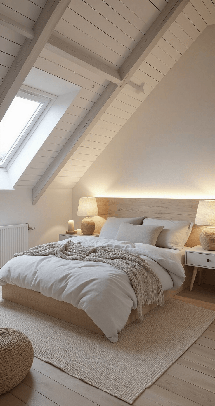 Sfeervolle slaapkamerverlichting: Zo transformeer ik elke slaapkamer in een hotelkamer Photorealistic Dutch bedroom interior showcasing budget-friendly lighting transformation, featuring a compact room with a slanted ceiling, white beams, DIY wooden headboard, linens in white and gray, ceramic lamps, LED candles, ambient backlighting, an IKEA pendant lamp, and cozy textures in soft whites, natural wood tones, and warm brass accents.