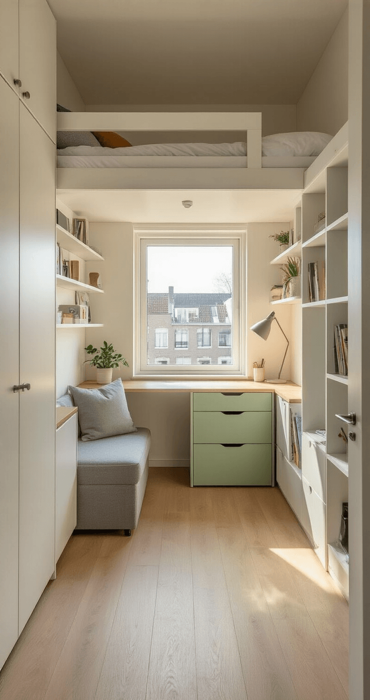 Kleine studeerkamer inrichten: Zo creëer ik een functionele én stijlvolle ruimte op 15m² Wide-angle interior view of a compact Dutch student room featuring a white wooden loft bed with an integrated desk below, bathed in warm golden hour light from a single window. The 15m² space showcases vertical storage with matte white modular wall shelves, a gray ottoman with hidden storage, and a fold-down sage green desk, all within a Scandinavian minimalist aesthetic of white walls and light oak flooring.