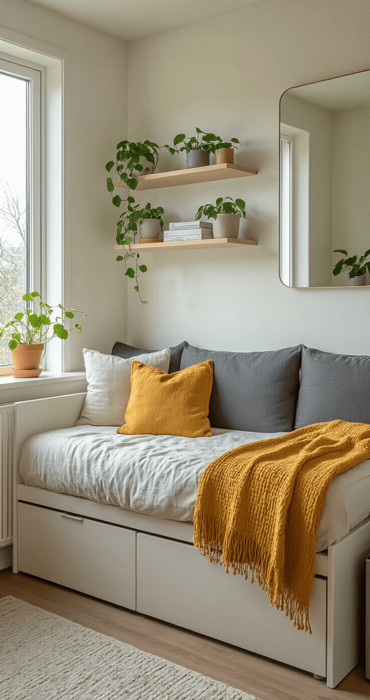 Kleine studeerkamer inrichten: Zo creëer ik een functionele én stijlvolle ruimte op 15m² Interior of a small Dutch student room featuring a convertible daybed with charcoal gray upholstery, cream linen cushions, and a mustard yellow throw blanket, complemented by floating white oak shelves with pothos plants and study materials, and a compact expandable desk, all bathed in warm afternoon light.