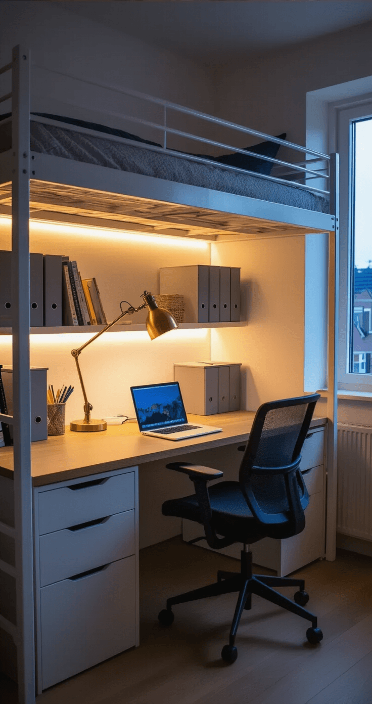 Kleine studeerkamer inrichten: Zo creëer ik een functionele én stijlvolle ruimte op 15m² Cinematic study zone in a Dutch student room under a white metal loft bed, featuring a light wood desk, brass desk lamp, organized study materials, and warm artificial lighting contrasting with cool twilight outside.