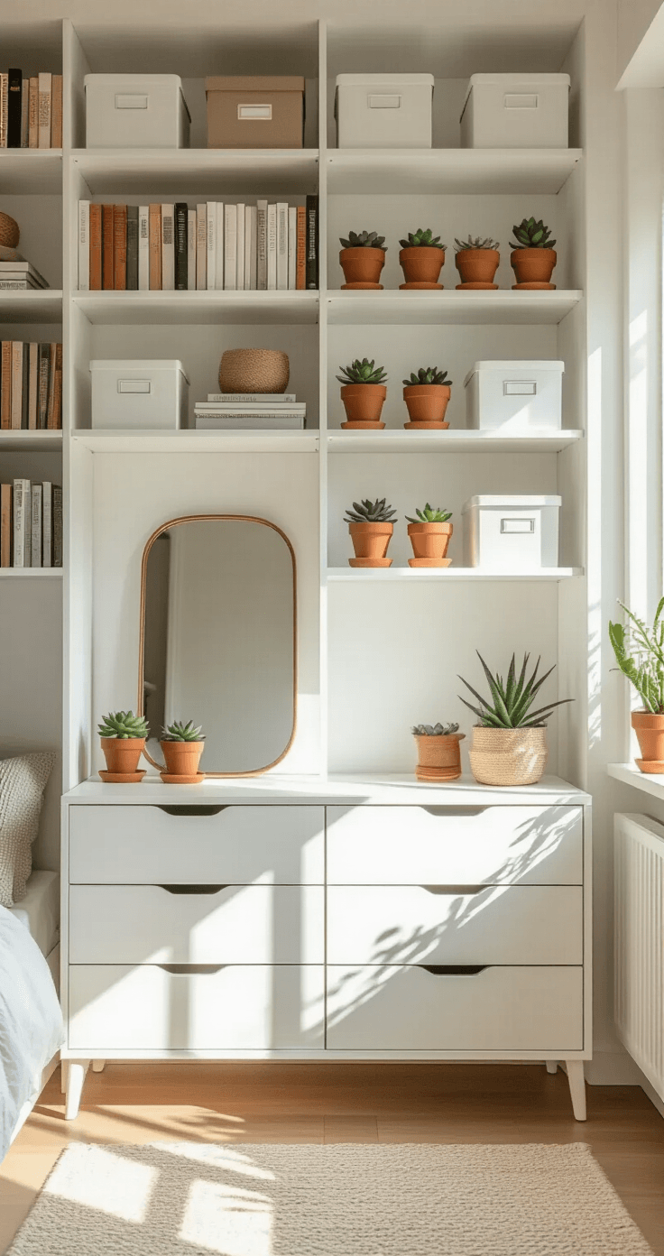 Kleine studeerkamer inrichten: Zo creëer ik een functionele én stijlvolle ruimte op 15m² Interior photograph of a Dutch student room showcasing a modular white shelving system filled with books, terracotta-potted succulents, and neutral-toned storage boxes, complemented by a low white dresser and large mirror, all illuminated by soft morning light.