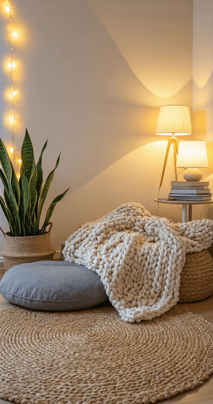 Kleine studeerkamer inrichten: Zo creëer ik een functionele én stijlvolle ruimte op 15m² Cozy Dutch student room corner featuring a jute area rug, gray floor cushion, and cream chunky knit throw, with warm ambient and task lighting, a snake plant, and stacked books, captured from a low perspective to emphasize an intimate atmosphere.