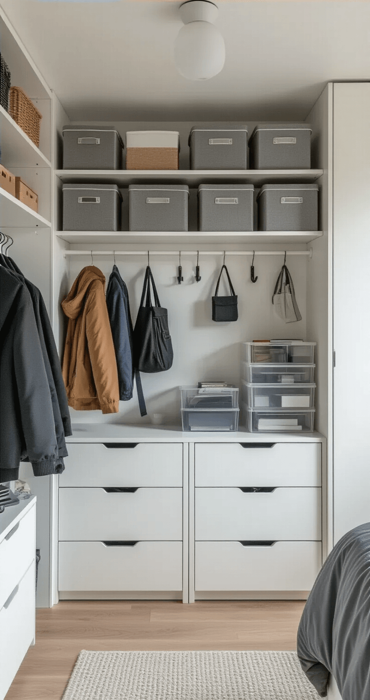 Kleine studeerkamer inrichten: Zo creëer ik een functionele én stijlvolle ruimte op 15m² Interior photograph of a Dutch student room highlighting clever storage solutions, featuring gray canvas over-door organizers, wall-mounted hooks for jackets and bags, stackable transparent storage boxes, a sleek white wardrobe with wood grain film, and a cohesive white and gray color scheme in natural afternoon light.