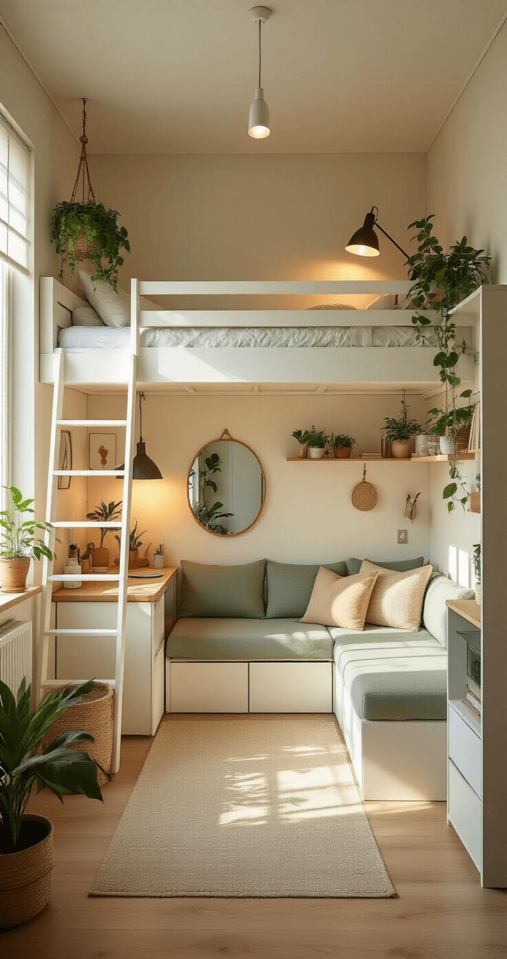 Kleine studeerkamer inrichten: Zo creëer ik een functionele én stijlvolle ruimte op 15m² Wide interior photograph of a Dutch student room, 15m², featuring a white loft bed, fold-out desk workspace, convertible furniture seating area, and plants, bathed in warm golden hour light.