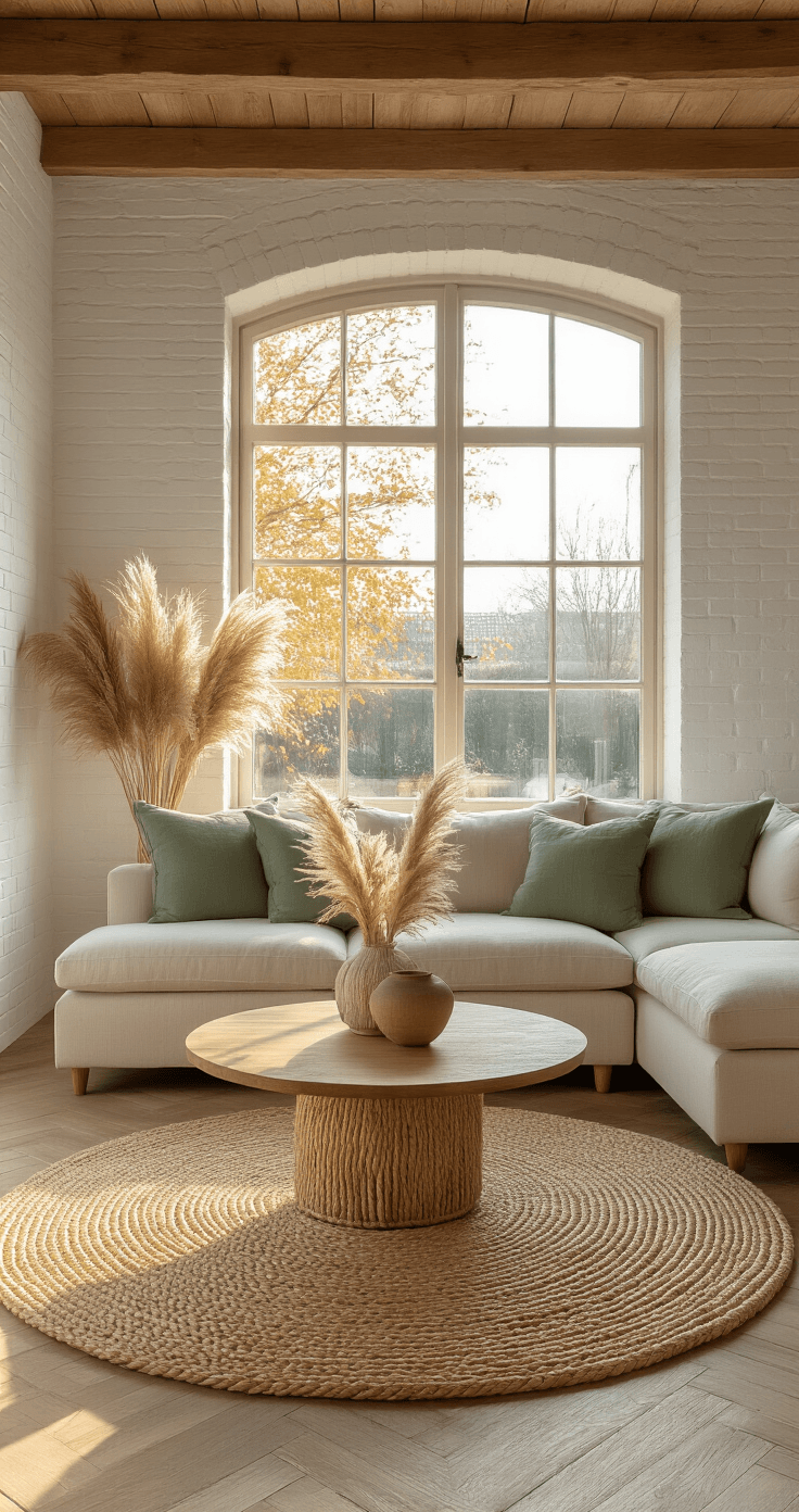 DIY vloerkleed maken: van basic touw tot luxe tuft-kleed voor elke ruimte A cozy Dutch living room featuring white painted brick walls and original wooden beams, with golden hour light illuminating a handmade round sisal rope rug under a mid-century teak coffee table. A cream linen sectional sofa with sage green pillows and a dried pampas grass arrangement create a serene, tactile atmosphere. Warm oak herringbone floors enhance the authentic styling.
