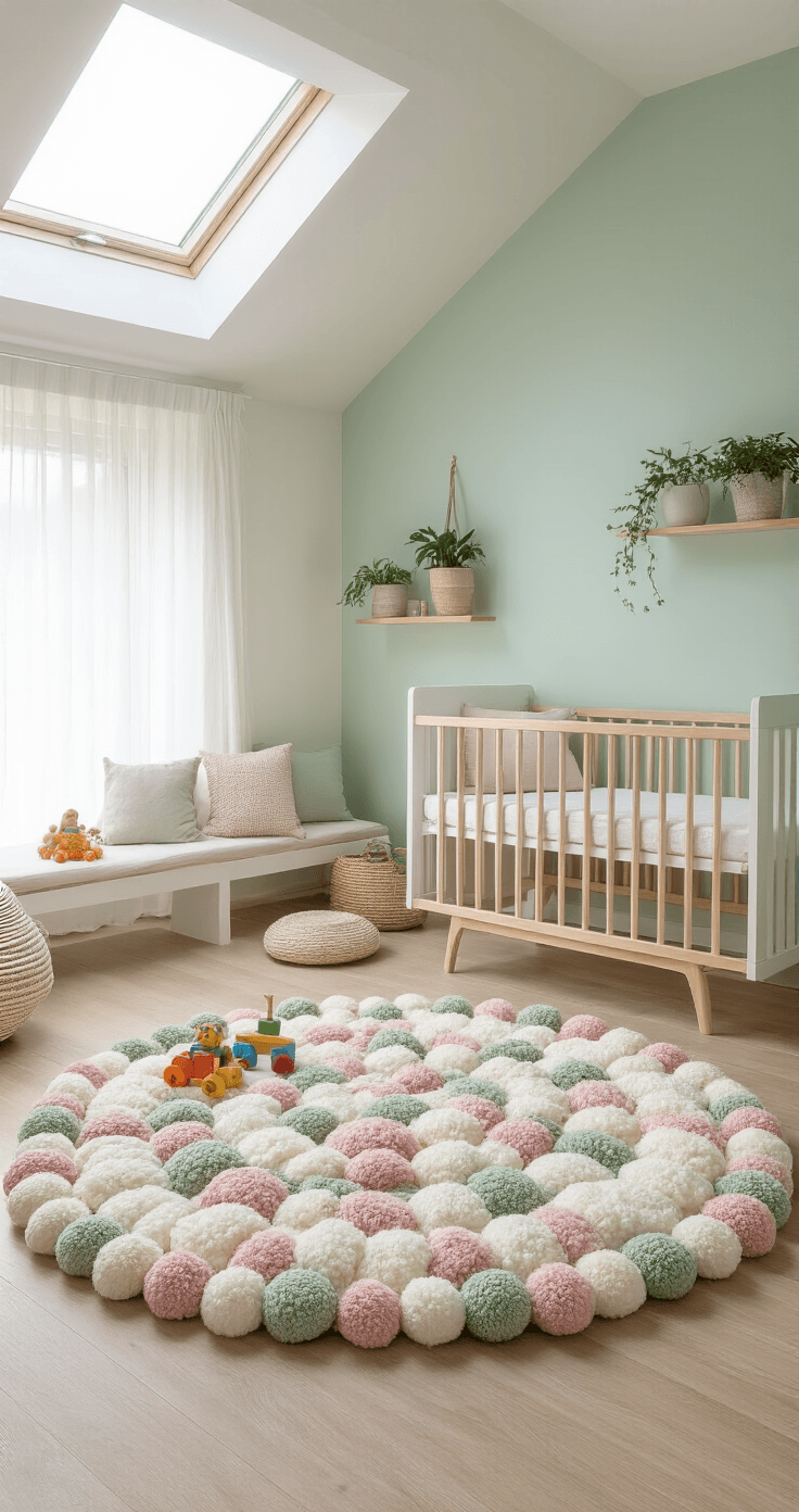 DIY vloerkleed maken: van basic touw tot luxe tuft-kleed voor elke ruimte A cozy Dutch nursery with mint green and white walls, featuring a large skylight. The room includes a handcrafted pompom rug, white crib, and a reading nook. Floor cushions and potted plants enhance the playful atmosphere. The image is captured at child's eye level, showing the soft texture of the rug and natural lighting.
