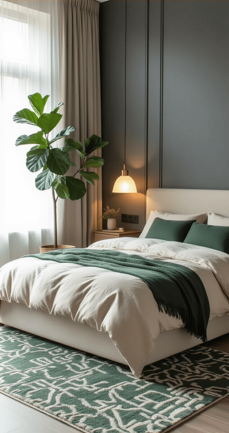 DIY vloerkleed maken: van basic touw tot luxe tuft-kleed voor elke ruimte Contemporary Dutch bedroom interior featuring a king-size platform bed with natural linen bedding, surrounded by a luxurious hand-tufted rug with abstract geometric patterns, warm lighting, charcoal gray and crisp white walls, and a large potted fiddle leaf fig.