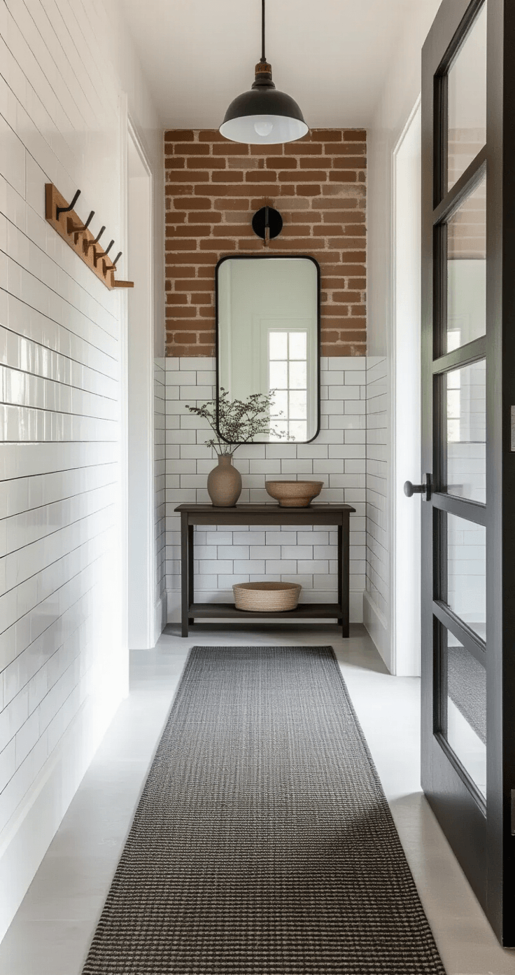 DIY vloerkleed maken: van basic touw tot luxe tuft-kleed voor elke ruimte Narrow Scandinavian-Dutch hallway with white subway tile walls and exposed brick, featuring a charcoal gray sisal runner, built-in coat hooks, a console table, and a pendant light, illuminated by bright midday light.
