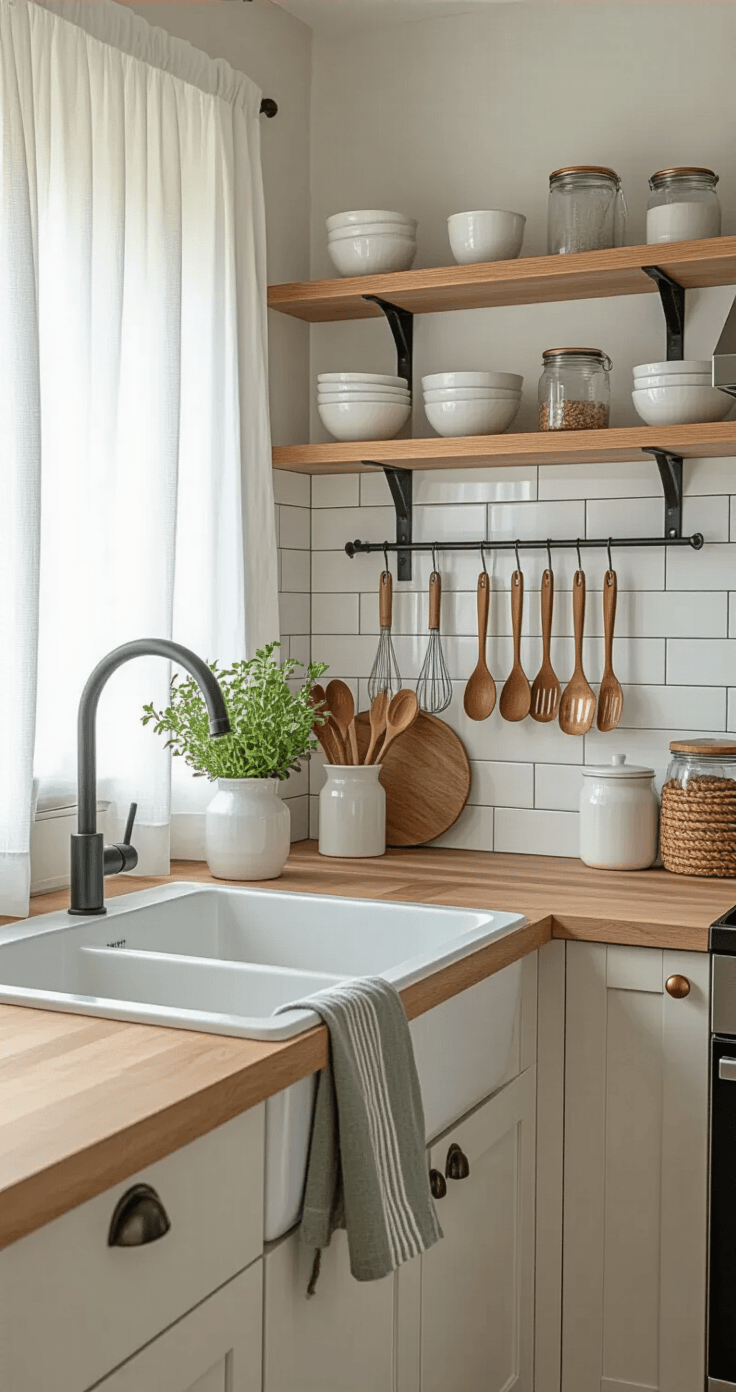Kleine keuken opbergtips die je leven zullen veranderen (en Pinterest doen smelten) A photorealistic compact Dutch kitchen featuring a galley layout with white subway tile backsplash, light oak countertops, and organized vertical wall storage; natural light filters through sheer curtains, highlighting matte black accents and copper details.