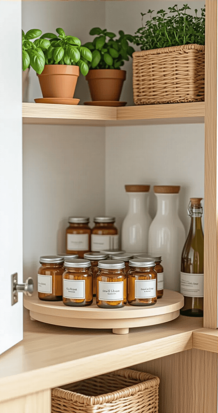Kleine keuken opbergtips die je leven zullen veranderen (en Pinterest doen smelten) Dichtbij opname van een georganiseerde keukencorner met een draaiende lazy Susan, gevuld met amber glazen kruidenpotjes en keramische olie dispensers, verlicht door natuurlijk ochtendlicht. Naast de hoek zijn drijvende driehoekige planken met potplanten zoals basilicum en rozemarijn in terracotta potten. Warme houtnerf van de kasten contrasteert met de koele witte muren.
