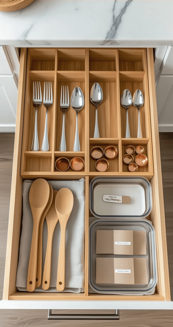 Kleine keuken opbergtips die je leven zullen veranderen (en Pinterest doen smelten) Een vogelvluchtfoto van een perfect georganiseerde keukentrekker met bamboe verdelers, zilveren bestek, houten kookgerei en glazen maaltijdcontainers, allemaal prachtig verlicht.