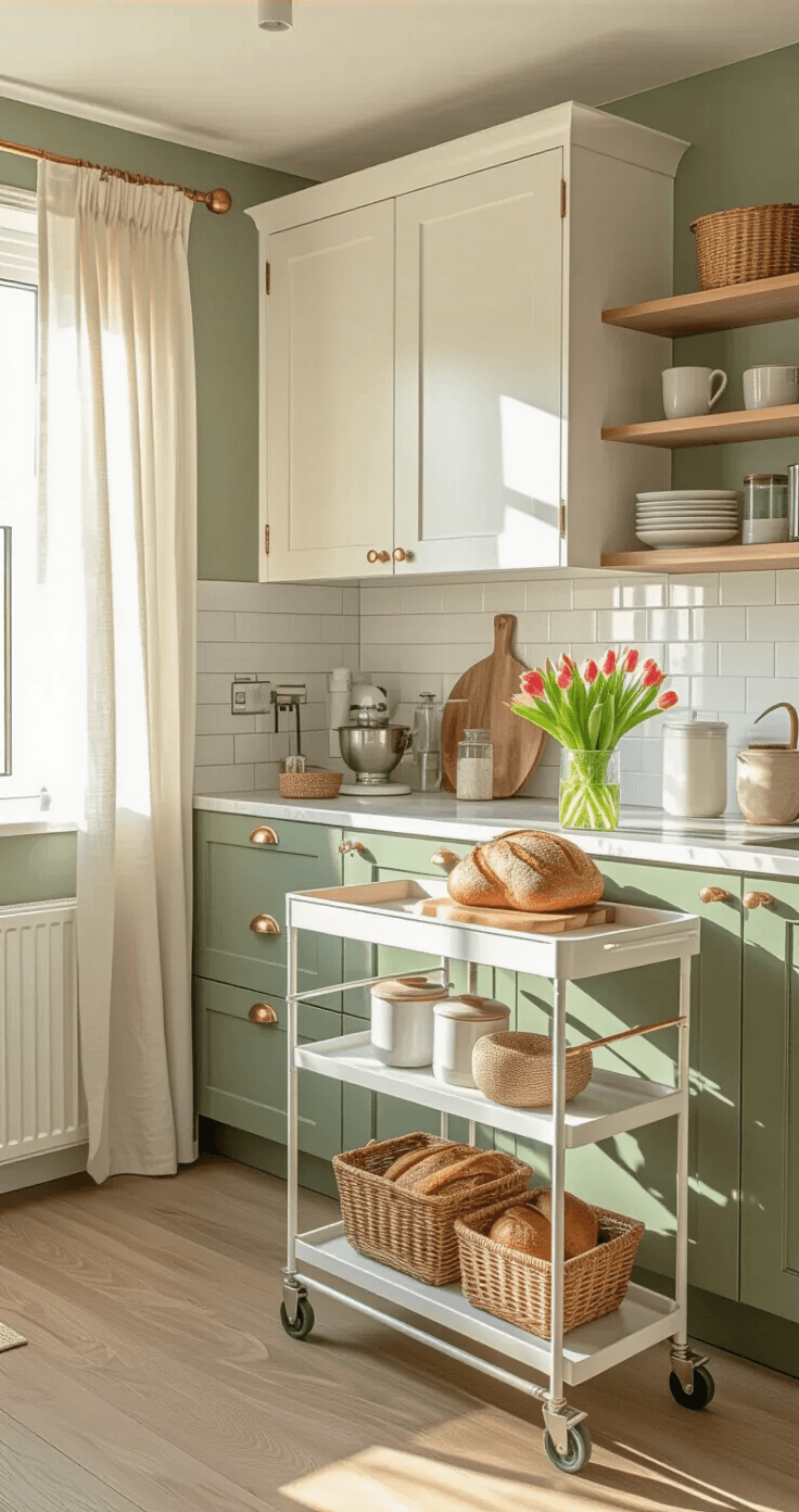 Kleine keuken opbergtips die je leven zullen veranderen (en Pinterest doen smelten) A small Dutch kitchen features a mobile kitchen trolley with a wine rack and ceramic canisters, bathed in warm golden hour light, accentuated by white shaker cabinets, marble-look countertops, and a sage green accent wall, with fresh tulips adding color.