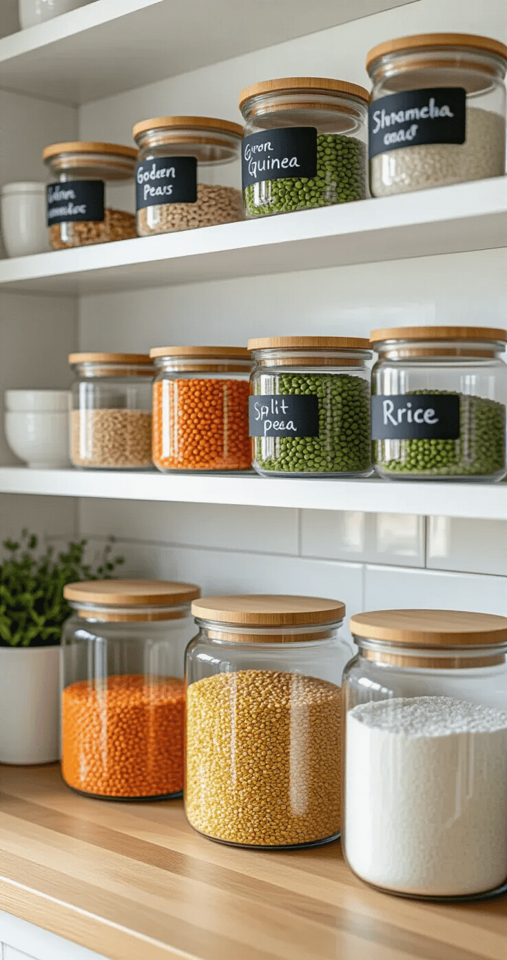 Kleine keuken opbergtips die je leven zullen veranderen (en Pinterest doen smelten) Een prachtig gestileerde stilleven van glazen voorraadcontainers op open keukenkasten, verlicht door zacht licht van een noordraam. Drie lagen zwevende planken tonen heldere glazen potten met bamboe deksels, gevuld met kleurrijke ingrediënten zoals rode linzen, gouden quinoa, groene spliterwten en witte rijst. Handgeschreven krijtbordlabels voegen een ambachtelijke touch toe. Op de achtergrond is een gedeeltelijk zichtbaar wit keramisch achterwand en een licht houten rand van het aanrecht. Het camerastandpunt is iets lager dan de planken, wat een aspirerende sfeer creëert. De kleuren zijn transparant glas, warm bamboe, puur wit en natuurlijke ingrediënten. De sfeer roept een zero-waste levensstijl op met een Instagram-waardige organisatie esthetiek.