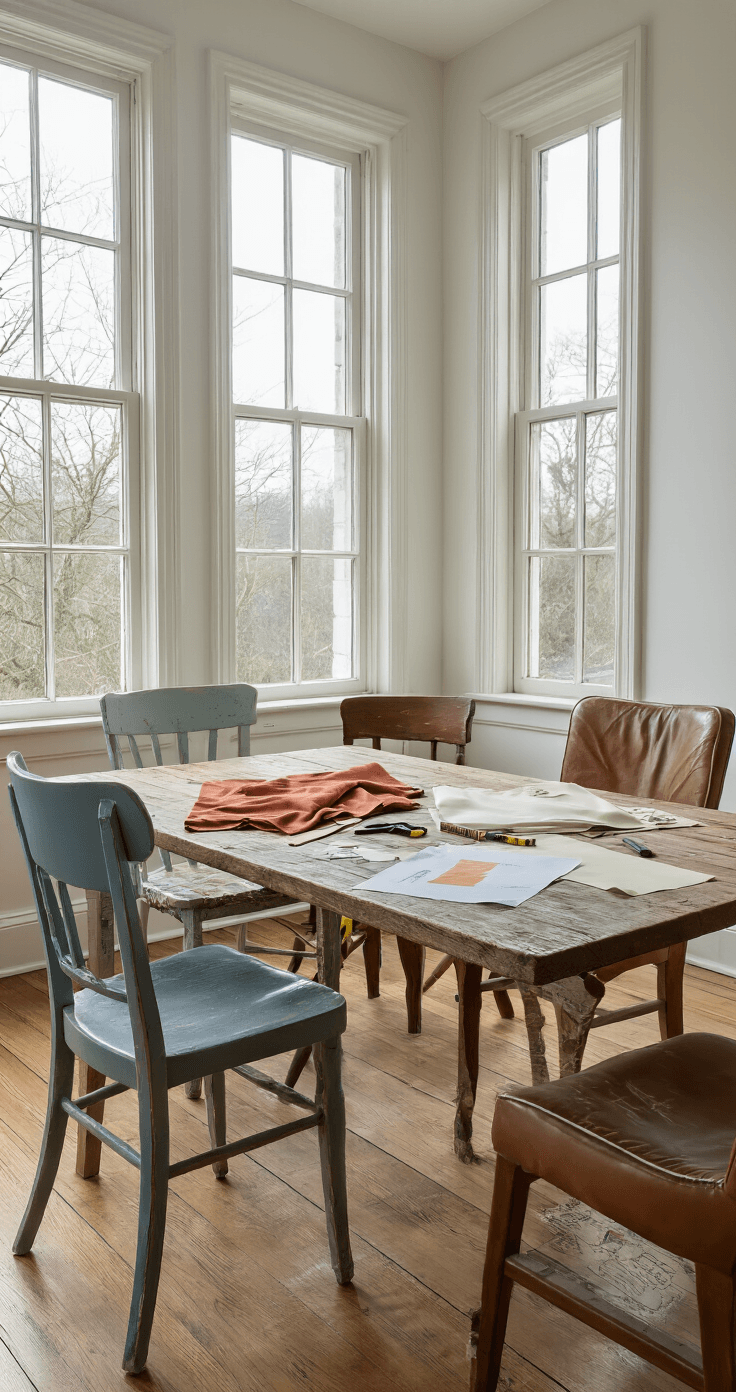DIY stoel- en kussenhoezen maken: van saai naar wauw in één middag Fotorealistisch beeld van een moderne eetkamer met mismatched oude stoelen, vol enthousiasme voor vernieuwing. Een houten tafel omringd door vier verschillende versleten stoelen. Stoffen stalen in terracotta, mosgroen en crème liggen verspreid over de tafel, samen met meetlint, schaar en handgeschreven notities. Zachte schaduwen accentueren de versleten texturen, met een focus op de stalen in een ietwat chaotische, inspirerende werksfeer.