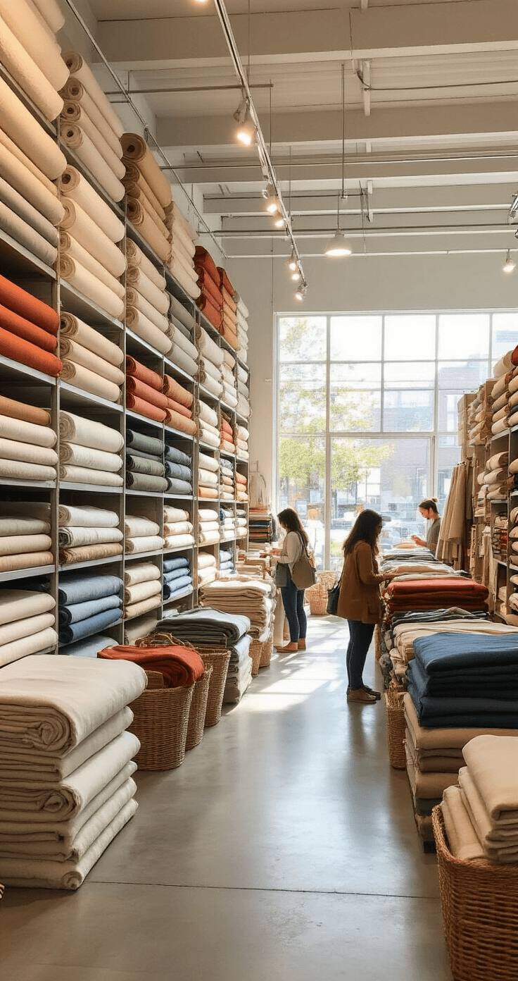 DIY stoel- en kussenhoezen maken: van saai naar wauw in één middag Wijdhoekzicht op een stoffenwinkel met hoge planken vol rollen textiel in kleurgradaties, met industriële betonvloeren en een wit geschilderd houten plafond. Klanten onderzoeken verschillende stoffen, waaronder crème linnen en terracotta katoen, terwijl winkelmandjes gevuld zijn met aardetinten. Het licht komt van zowel fluorescentie als natuurlijke ramen, met een warme neutrale kleurenschema en opvallende accenten.