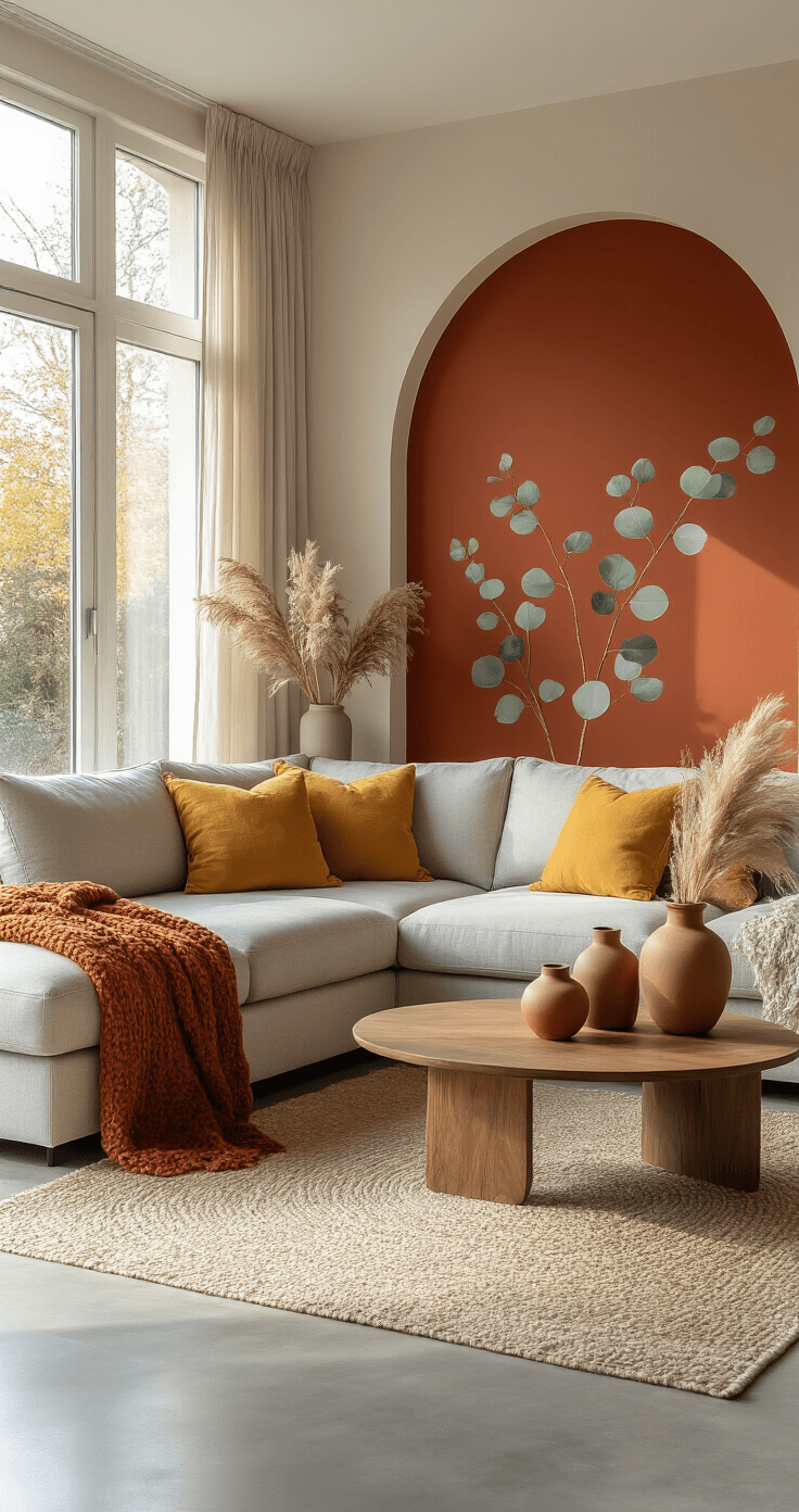 DIY Accentmuur met Muurstickers: Van Saaie Muur naar Instagram-Worthy Ruimte Moderne Nederlandse woonkamer met een accentmuur in terracotta en crème, lichte grijze hoekbank, gele kussens, een houten salontafel met keramische vaasjes, en natuurlijk licht uit grote ramen.