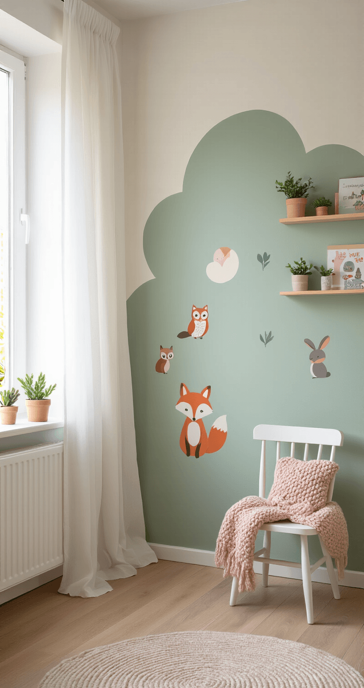 DIY Accentmuur met Muurstickers: Van Saaie Muur naar Instagram-Worthy Ruimte Intieme close-up foto van een kinderkamerhoek met een handgeschilderde zacht saliegroene accentmuur, versierd met schattige muurstickers van bosdieren. Natuurlijk ochtendlicht valt door sheer witte gordijnen en geeft een dromerige sfeer. Een witte houten stoel met een gebreide deken in blush roze staat dichtbij. Zwevende planken tonen kleine planten en prentenboeken. Neem vanuit kindhoogte 1,5 meter van de muur om de magische vertelkwaliteit te vangen.