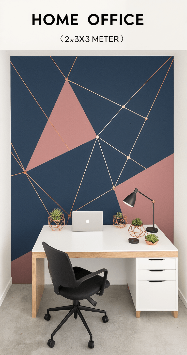 DIY Accentmuur met Muurstickers: Van Saaie Muur naar Instagram-Worthy Ruimte Dramatische overhead opname van een moderne thuiswerkplek met een gedurfde accentmuur, een wit bureau en een ergonomische zwarte bureaustoel. Het compacte kantoor heeft een abstracte geometrische compositie in diep marineblauw en stoffige rozen, met metalen koperen muurstickers. Licht eiken wandplanken houden een laptop, geometrische planten met vetplanten en koperen accessoires. Gepolijste betonvloeren complementeren de hedendaagse esthetiek.