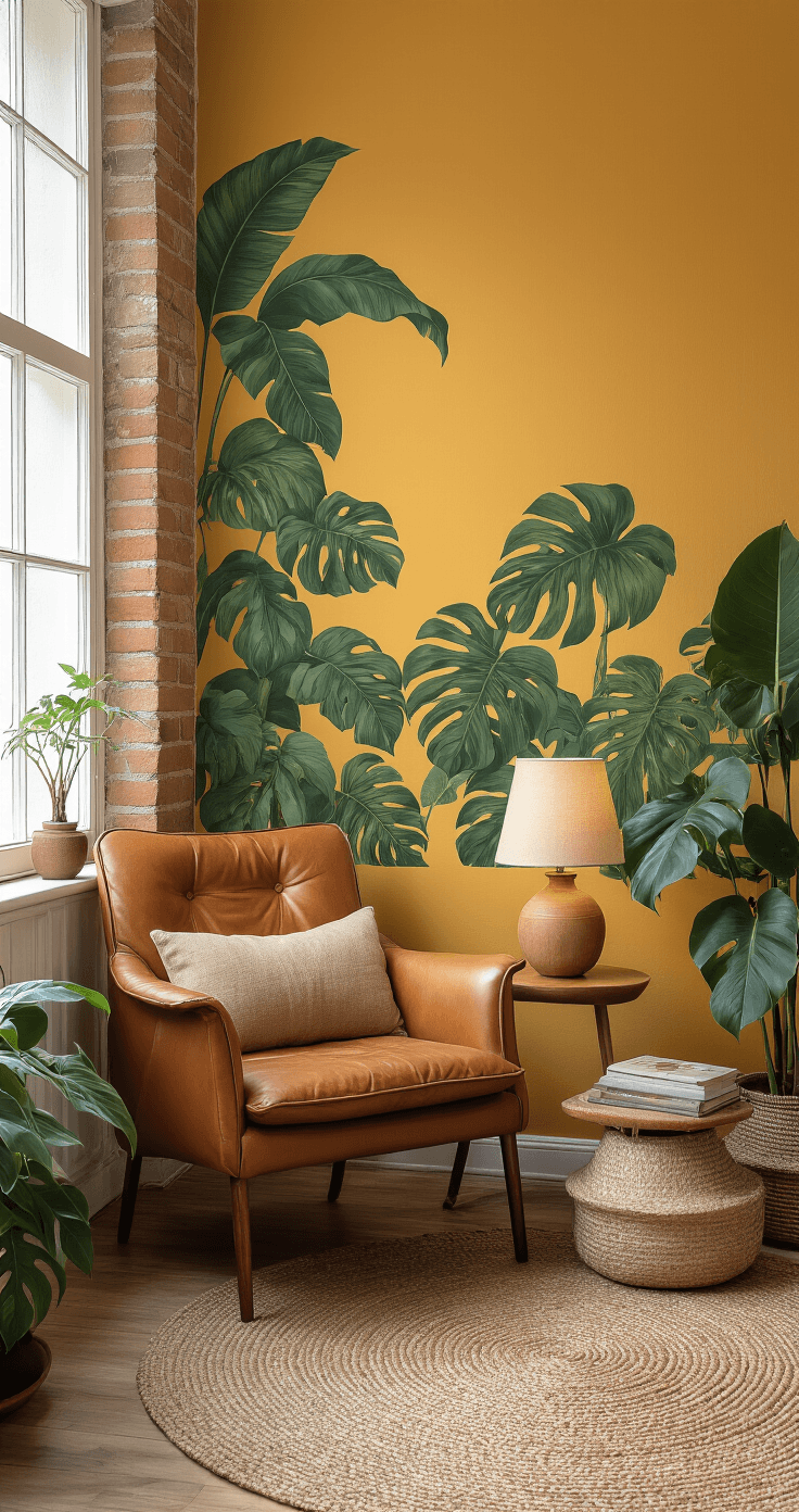 DIY Accentmuur met Muurstickers: Van Saaie Muur naar Instagram-Worthy Ruimte Gezellige leeshoek in de woonkamer met een warme mosterdgele accentmuur en grote tropische muurstickerbladeren in diep bosgroen, vintage leren armchair in cognacbruin, natuurlijke jute tapijt en een ronde bijzettafel met keramische lamp.