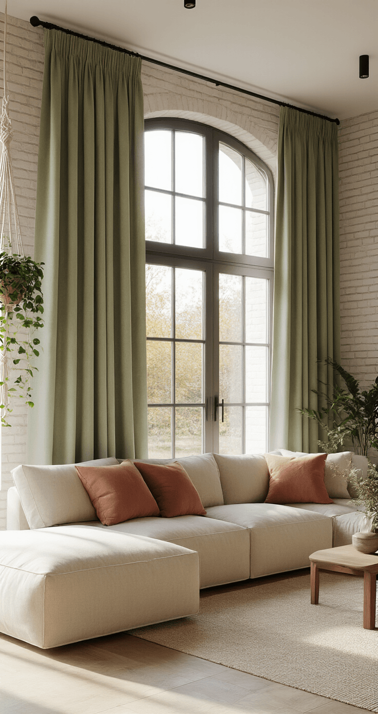 Gordijnen DIY: Van Saai Raam naar Pinterest-Worthy Eyecatcher Photorealistic interior of a spacious Dutch living room bathed in golden hour light, featuring soft sage green DIY curtains, a modern beige sectional sofa with warm terracotta and dusty pink pillows, a whitewashed brick accent wall, and macramé plant hangers with cascading pothos.