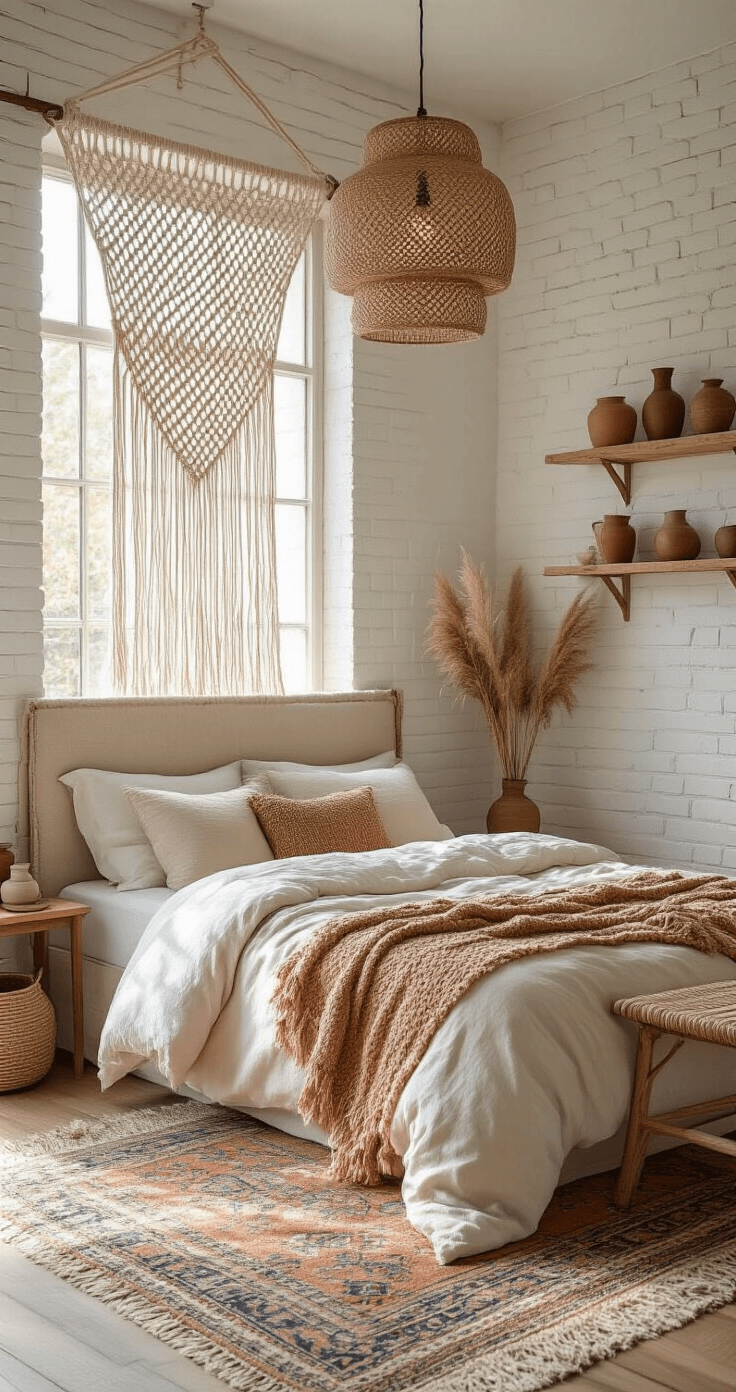 Gordijnen DIY: Van Saai Raam naar Pinterest-Worthy Eyecatcher Medium-sized Dutch bedroom with bohemian styling, featuring a king bed against an exposed whitewashed brick wall, layered textiles including a Persian rug and chunky knit throws, macramé window treatments, and a rattan pendant light, all captured in soft morning light.