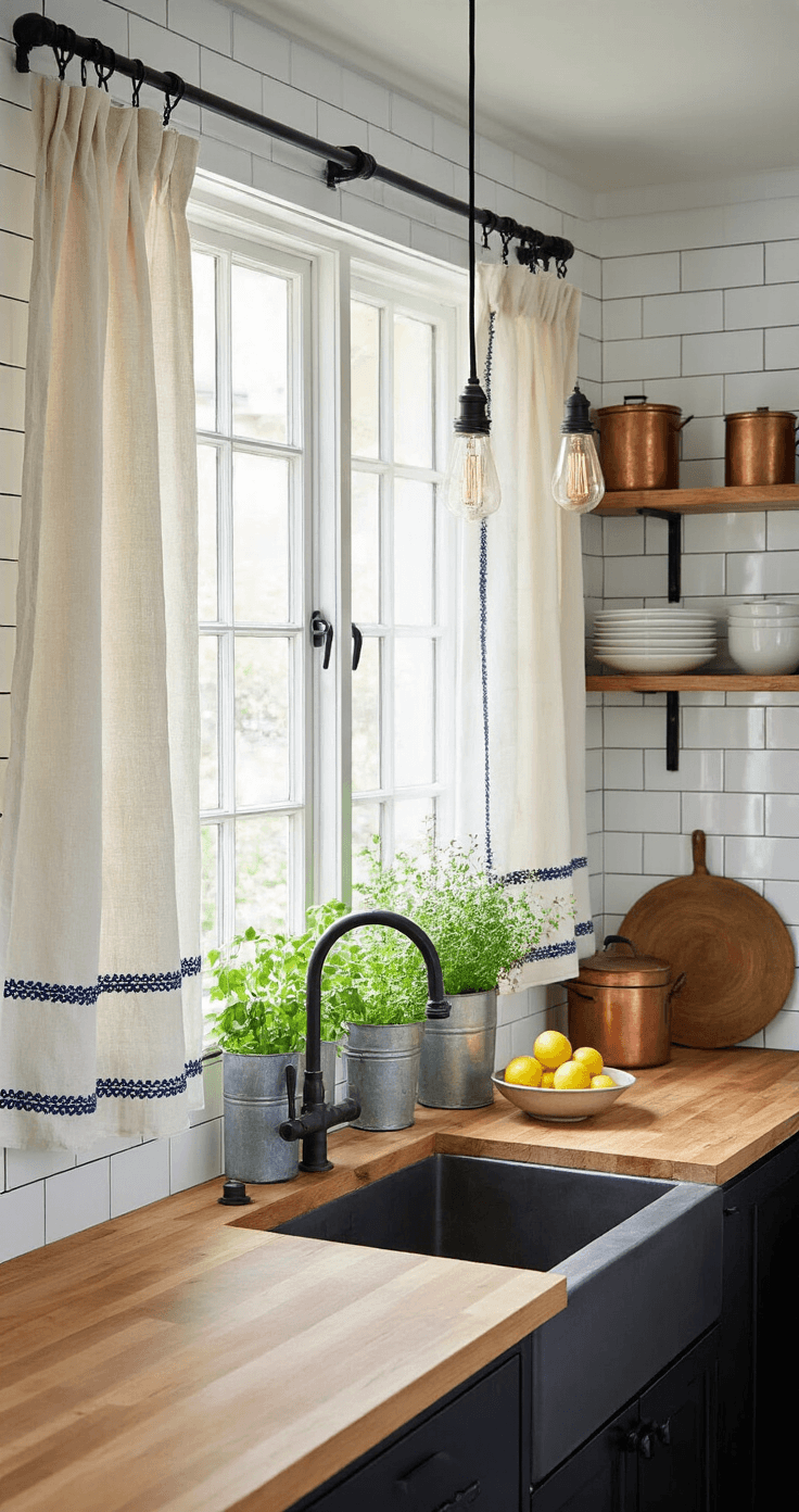 Gordijnen DIY: Van Saai Raam naar Pinterest-Worthy Eyecatcher Bright Dutch kitchen with industrial-modern design, featuring DIY linen tea towel curtains, white subway tile backsplash, oak butcher block countertops, and polished concrete floors, styled with vintage copper pots and fresh herbs.