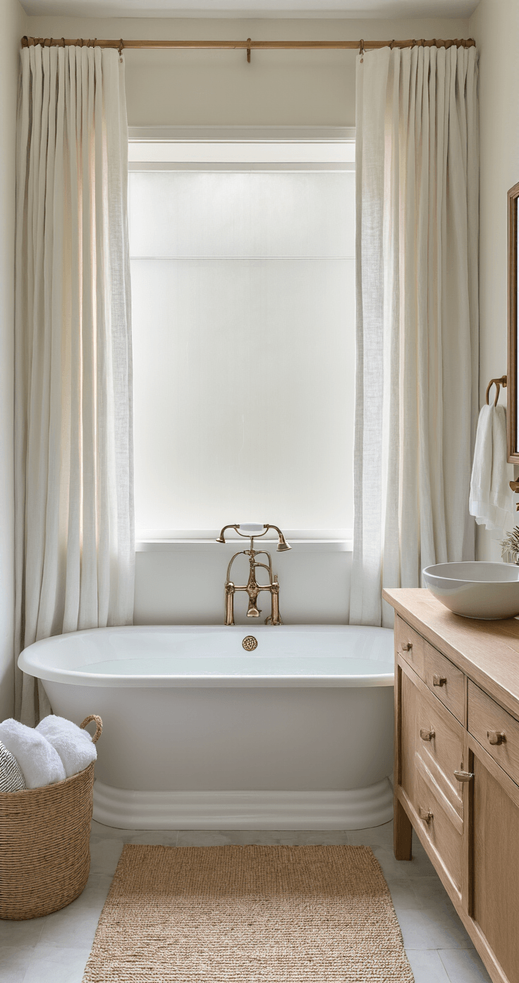 Gordijnen DIY: Van Saai Raam naar Pinterest-Worthy Eyecatcher Cozy Dutch bathroom with spa-like ambiance, featuring soft diffused light through a frosted window, layered privacy curtains, a freestanding clawfoot tub, natural teak floating vanity, brass fixtures, and organic decor with eucalyptus branches.