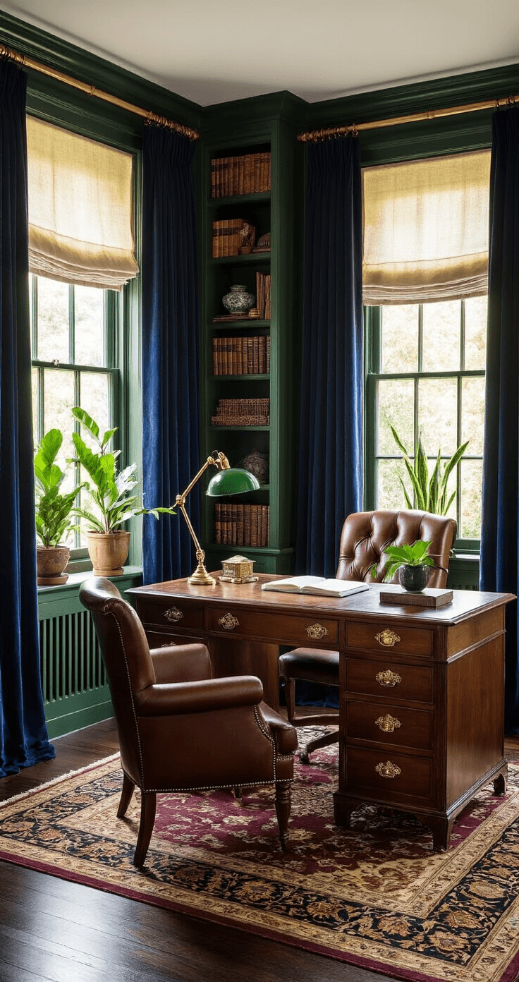 Gordijnen DIY: Van Saai Raam naar Pinterest-Worthy Eyecatcher Sophisticated Dutch home office featuring maximalist decor, golden afternoon light, floor-to-ceiling navy velvet curtains with brass tiebacks, deep forest green built-in bookshelf, antique mahogany desk with green banker's lamp, and a rich Persian rug, accented by various plants and dark hardwood floors.