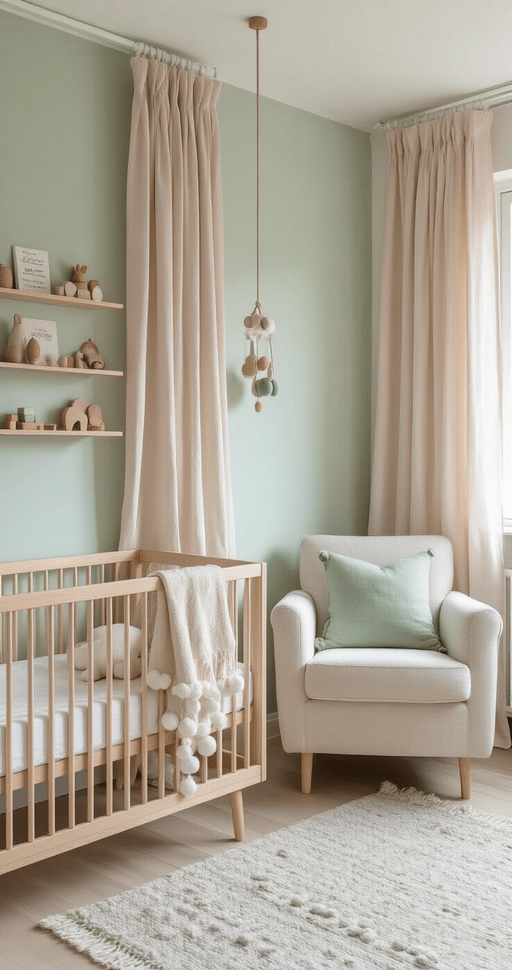 Gordijnen DIY: Van Saai Raam naar Pinterest-Worthy Eyecatcher Modern Dutch nursery with Scandinavian design, featuring soft blush pink linen curtains, light oak crib with organic cotton bedding, pale mint accent wall, and a natural fiber rug, all bathed in gentle morning light.