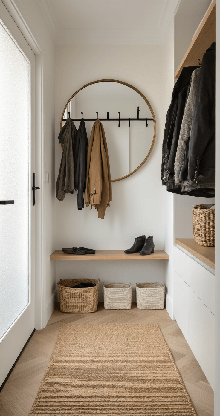 Kleine Gang Functioneel Maken: Van Rommelige Doorgang naar Stijlvolle Entree Narrow entryway of a Dutch home with warm golden hour light streaming through a frosted glass door, featuring a black metal coat rack, white textured walls, light oak herringbone flooring, and a brass-framed mirror.