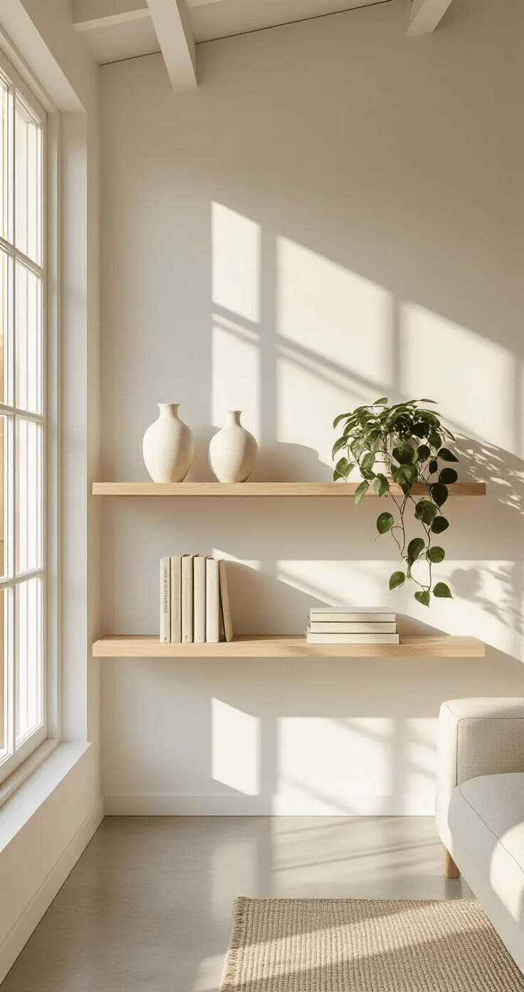 Stylish DIY Wandplanken die Jouw Instagram en Pinterest Doen Ontploffen Professionele interieurfotografie van een Scandinavische minimalistische woonkamer met zwevende witte eiken planken op een witte muur, verlicht door de gouden uurszon met zachte schaduwen. De planken bevatten witte keramische vazen, twee hardcover boeken en een hangende pothosplant. De ruimte heeft gepolijste betonvloeren en een crème linnen bank.