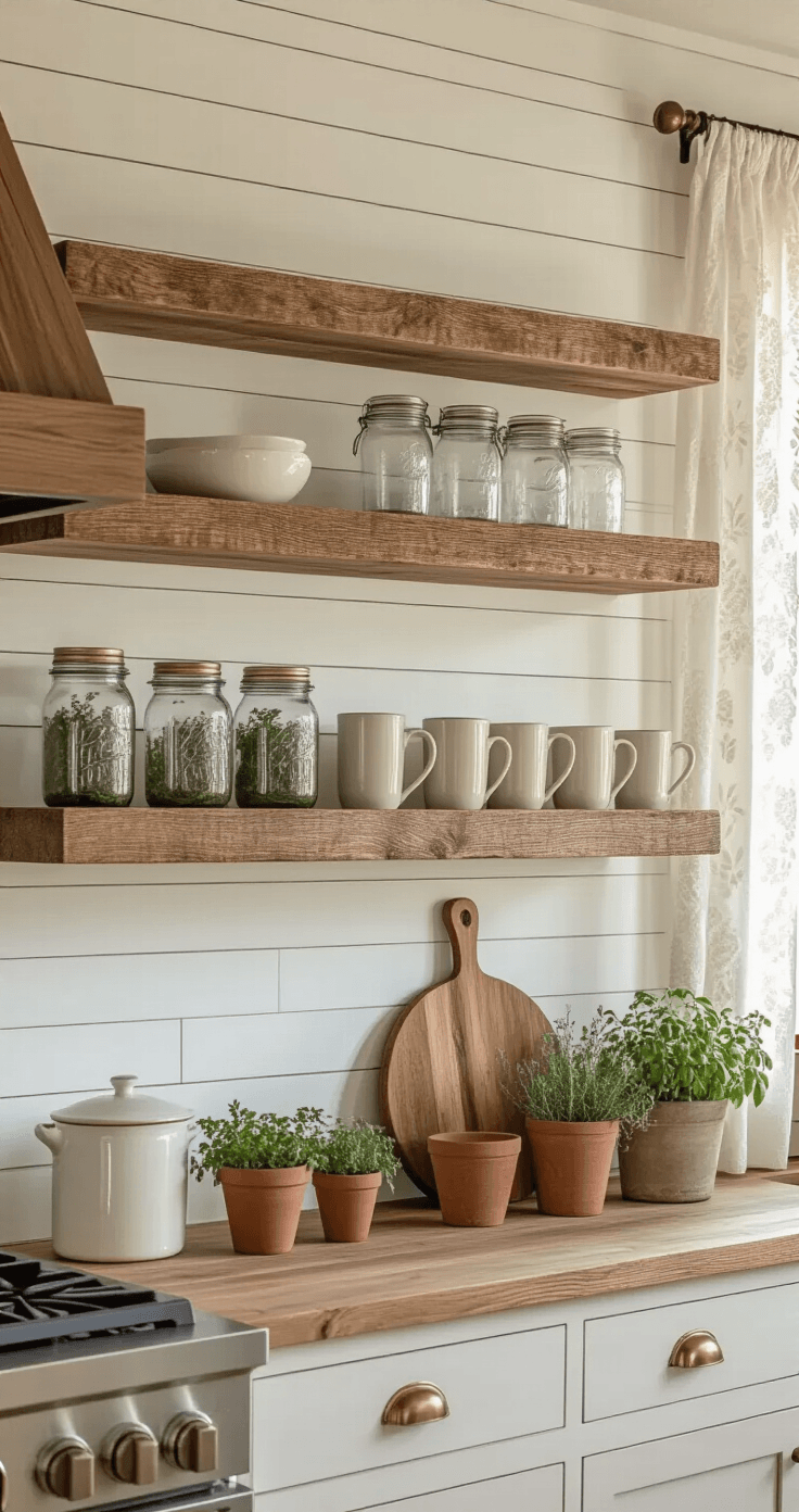 Stylish DIY Wandplanken die Jouw Instagram en Pinterest Doen Ontploffen Professionele interieurfotografie van een landelijke keuken met drijvende planken van gerecycled hout tegen shiplap muren in warm wit, verlicht door zacht ochtendlicht dat door kantgordijnen filtert, met mason jar gevuld met gedroogde kruiden, houten snijplanken, vintage keramische mokken en terracotta potten met verse basilicum en rozemarijn.