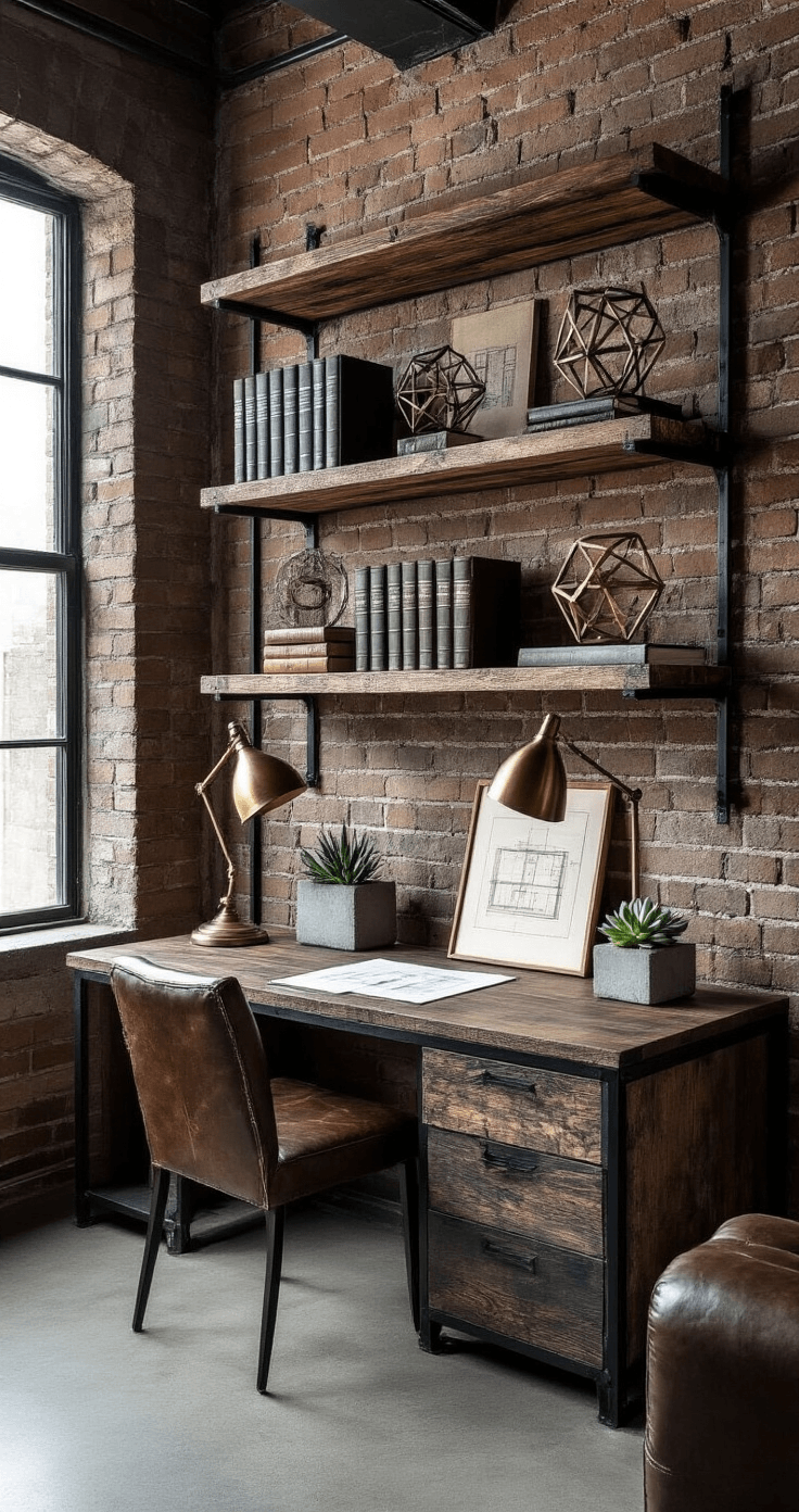 Stylish DIY Wandplanken die Jouw Instagram en Pinterest Doen Ontploffen Professionele interieurfoto van een industrieel ogende thuiswerkplek met zwarte metalen planken en gerecycled donker hout tegen een blootgesteld stenen muur, verlicht door de late middagzon.
