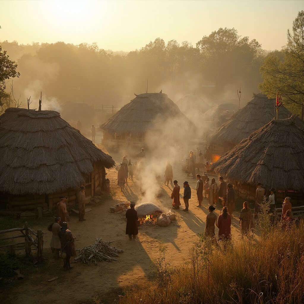 Het Verborgen Geheim Achter Nederlands Meest Onderschatte Historische Attractie Brede, panoramische opname van Archeon's prehistorische dorpssectie tijdens het gouden uur, met gereconstrueerde stenen hutten en kostuums die vuur maken met vuurstenen, omringd door bezoekers in moderne kleding. Rook stijgt op uit kookvuren, terwijl houten hekken de woongebieden scheiden temidden van een authentiek mesolithisch landschap.